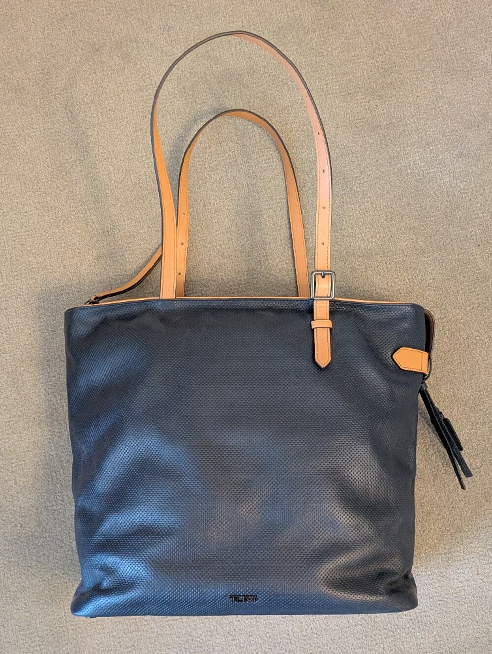 Tumi Navy Leather Tote Bag with Tan Trim - Classic Women’s Carryall